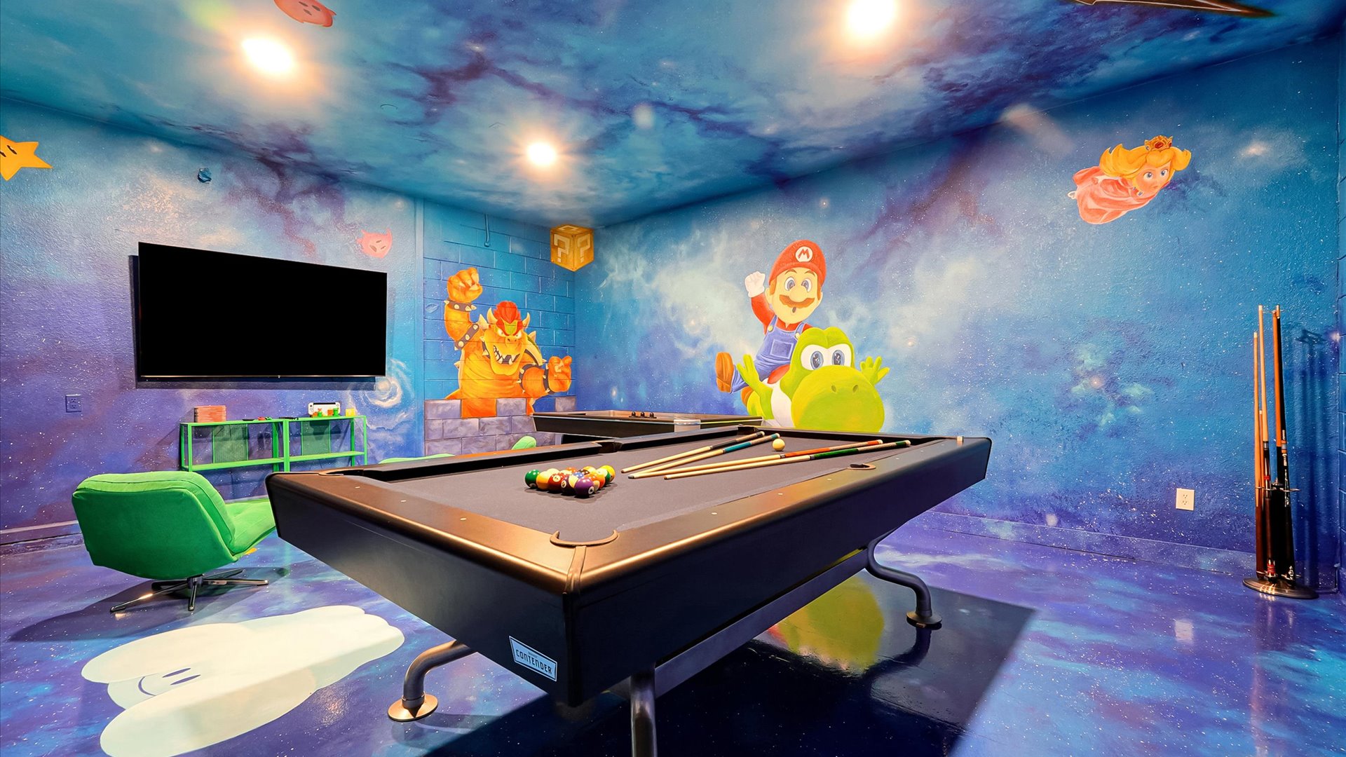 Mario Galaxy Games Room: Challenge the family to pool or air hockey surrounded by colourful, hand-painted Mario characters.