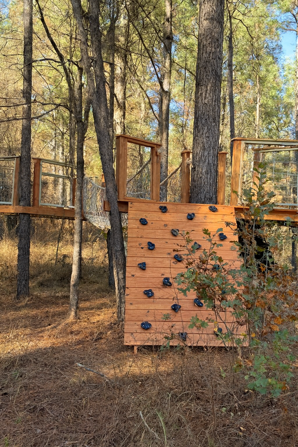 Little explorers can scale their own rock wall and disappear into the treetop fort for hours of imaginative play, while you sip coffee on the porch and listen to their laughter drift through the forest at Pinewood Lodge.