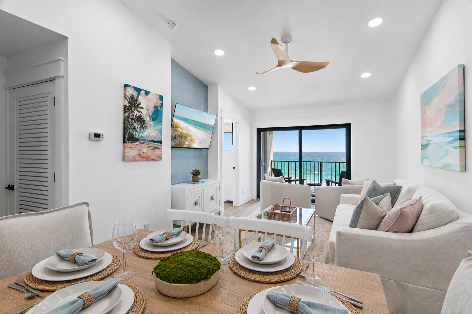 Elegant dining area with seating for six, ideal for shared meals and entertaining.