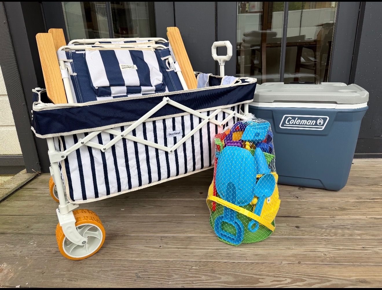 Six beach chairs, a wagon, umbrella, cooler, and beach toys included with your stay!