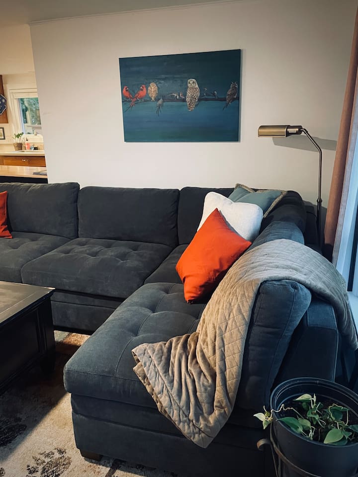 An oversized, inviting couch with plush pillows and throws offers the perfect spot to relax, unwind, and enjoy the view or a show.