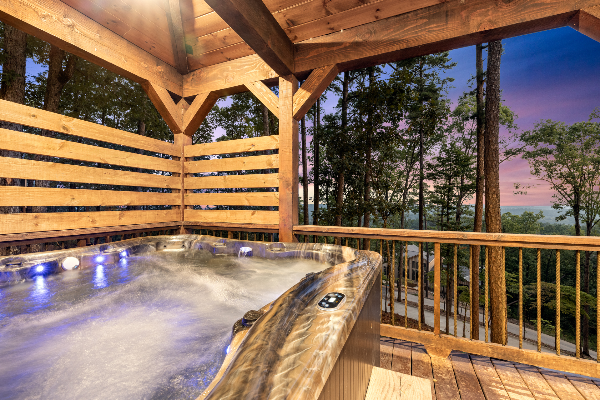 Relaxing private hot tub with scenic forest views 