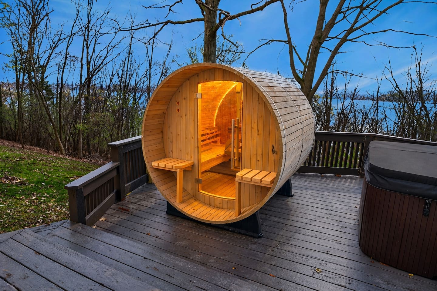 Unwind in your private sauna with warm wood interiors and soft ambient lighting—enjoy a peaceful spa experience surrounded by nature, perfect for relaxing, recharging, and enhancing your stay with a touch of luxury and wellness