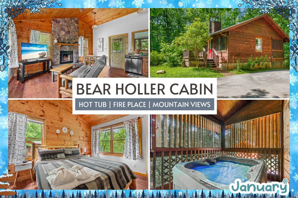 Escape to Bear Holler – a romantic log cabin nestled in the woods, complete with a soothing hot tub, crackling fire pit, and total forest serenity.