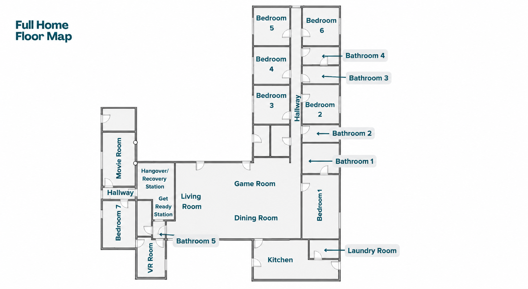 {Full Home Floor Map} Explore 5,000 sq. ft. of single-level living with 7 bedrooms, 5 bathrooms, multiple entertainment spaces, and plenty of room for your entire group to spread out.