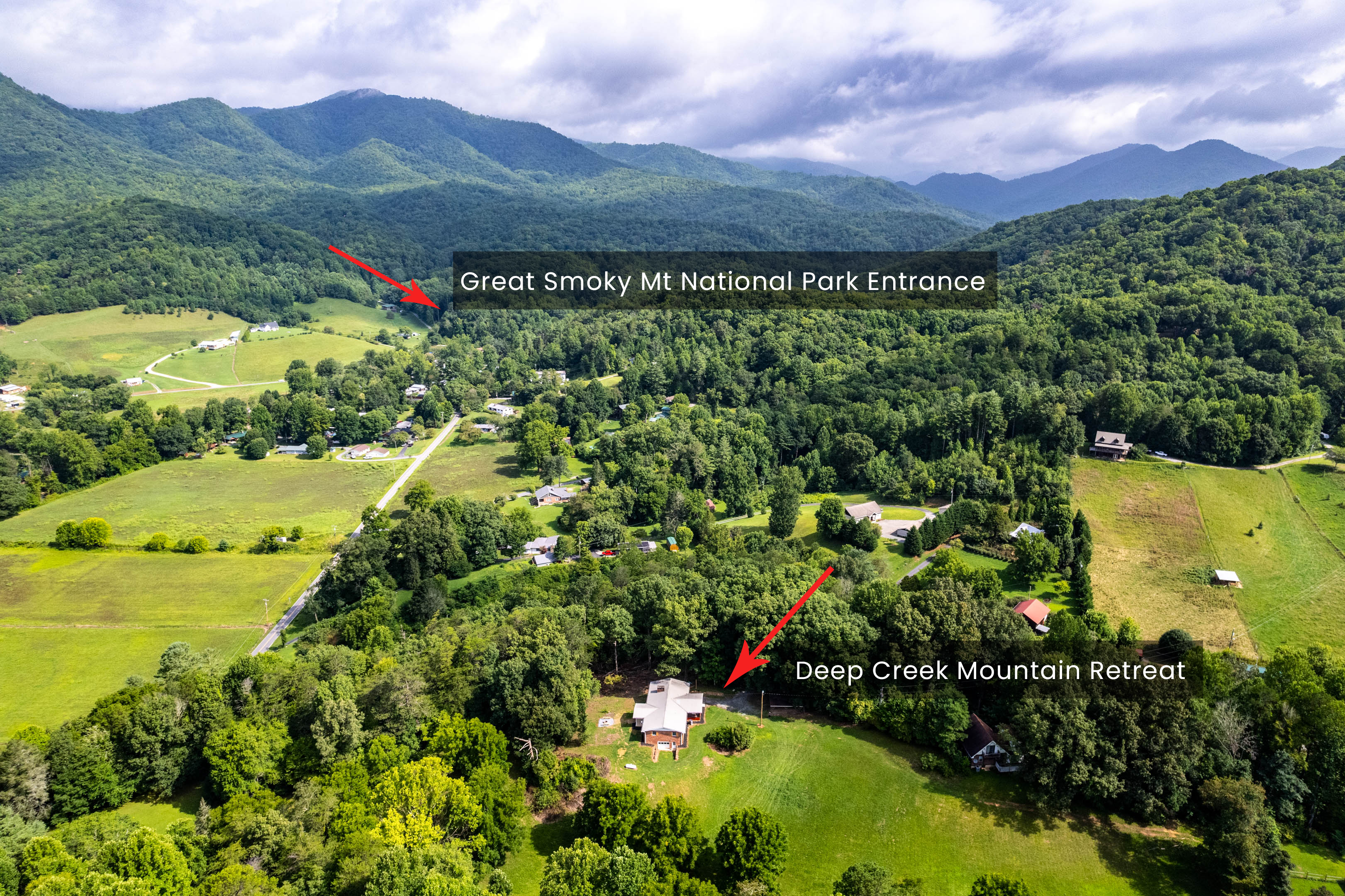 Aerial photo showing the close proximity to Great Smoky Mountains National Park - Deep Creek Entrance.
