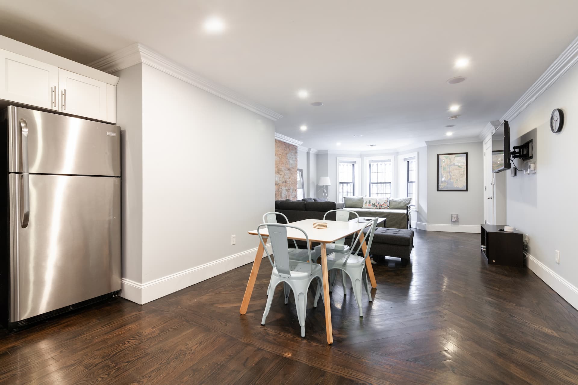 Full size fridge. Kitchen area. 