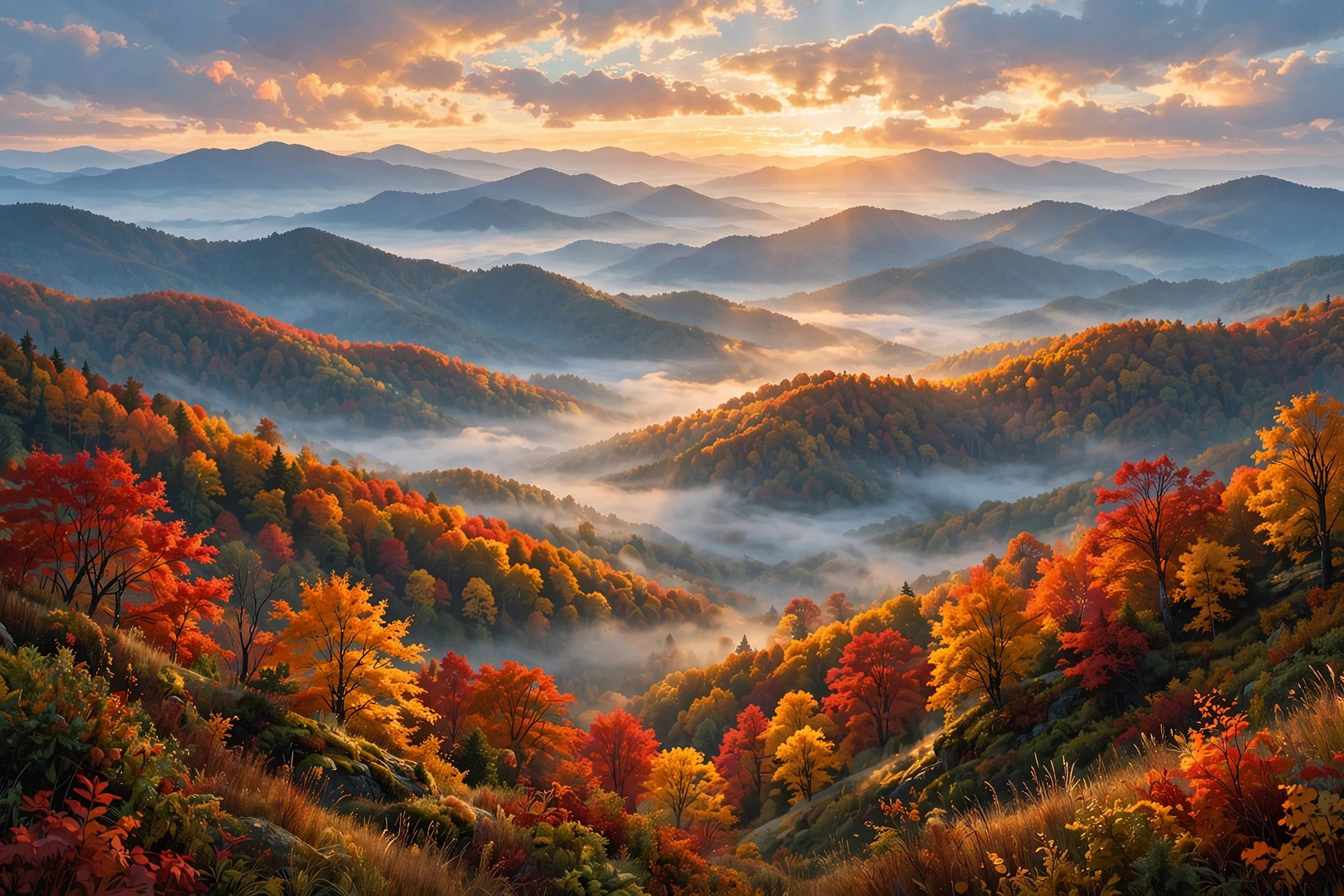 Great Smoky Mountains ridges in peak fall color at sunrise