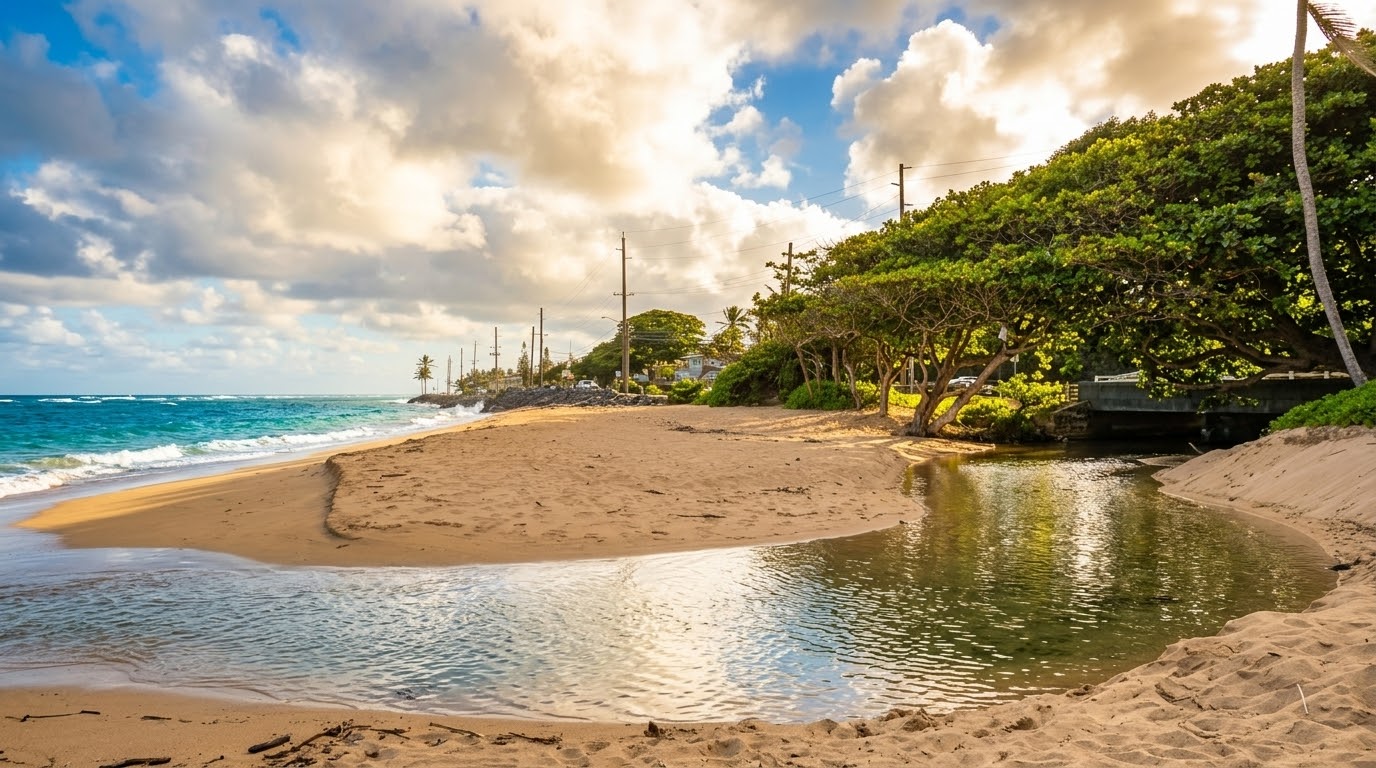 Nearby Beach | Shoreline varies by tides and seasons.