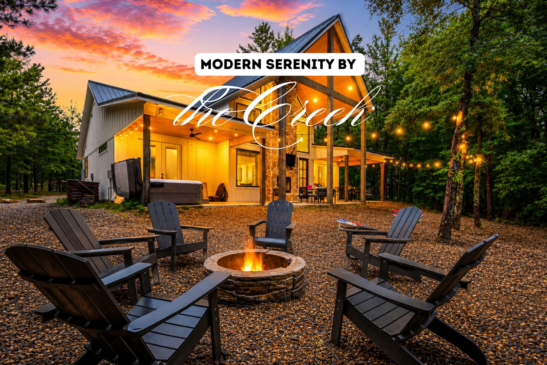 Welcome to Modern Serenity by the Creek - a creek side cabin in Hochatown with a playset and game loft