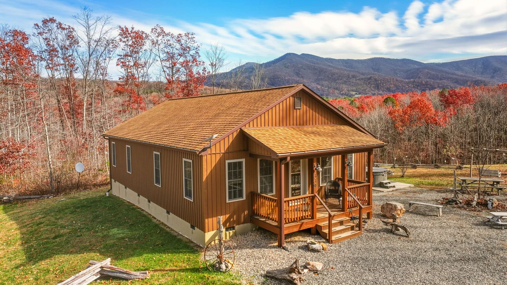 Step outside and enjoy the calm, serene atmosphere of this mountain cabin.