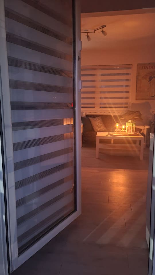 Evening view of the living room from the balcony