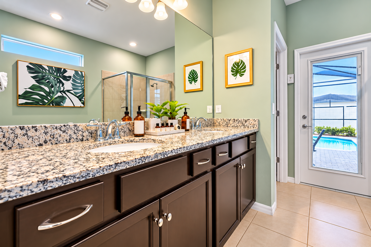 The master suite bathroom has double sinks and plenty of counter space for all your face routine products. IYKYK