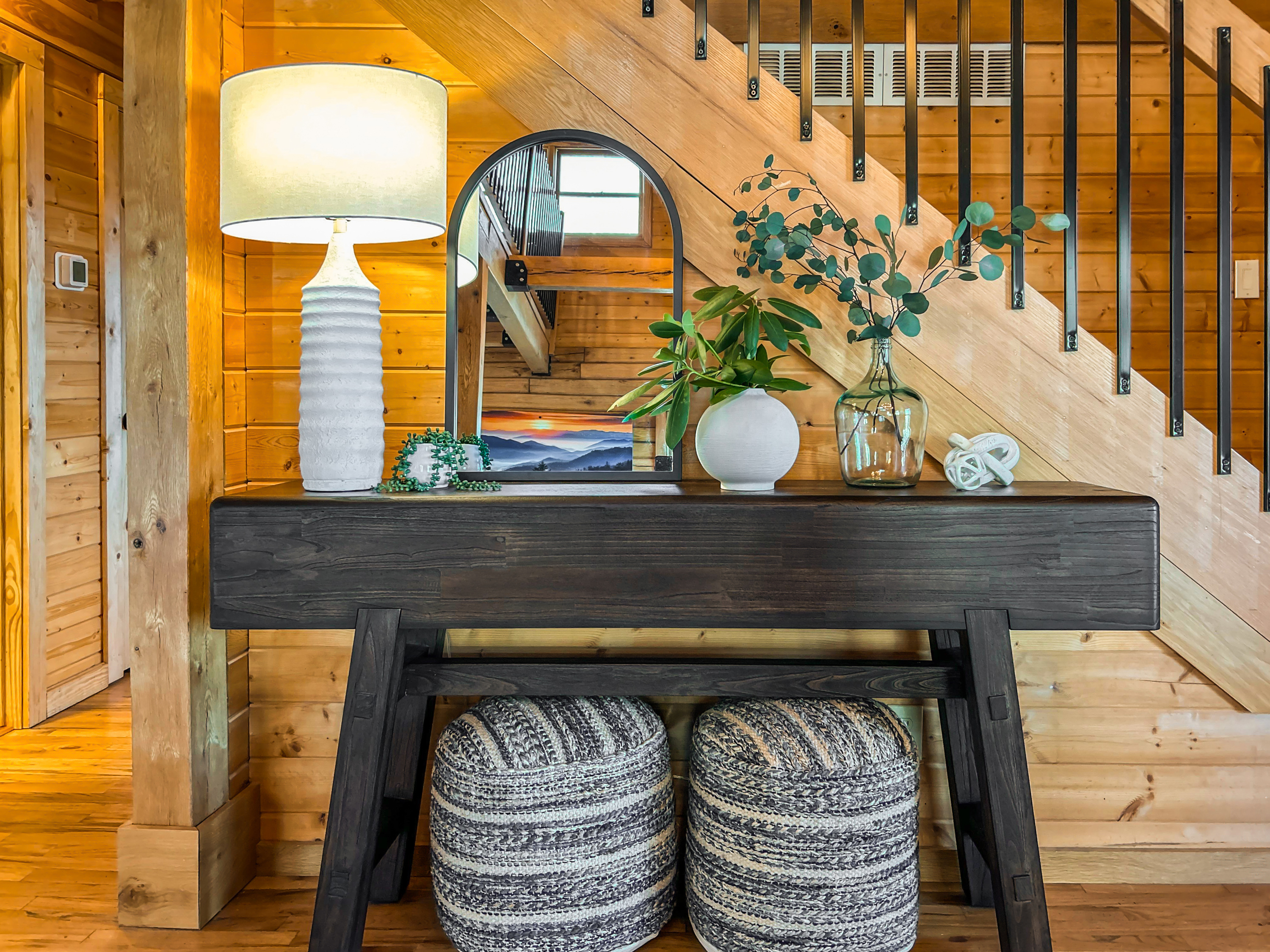 The space's contemporary design perfectly complement the wooden fixtures.