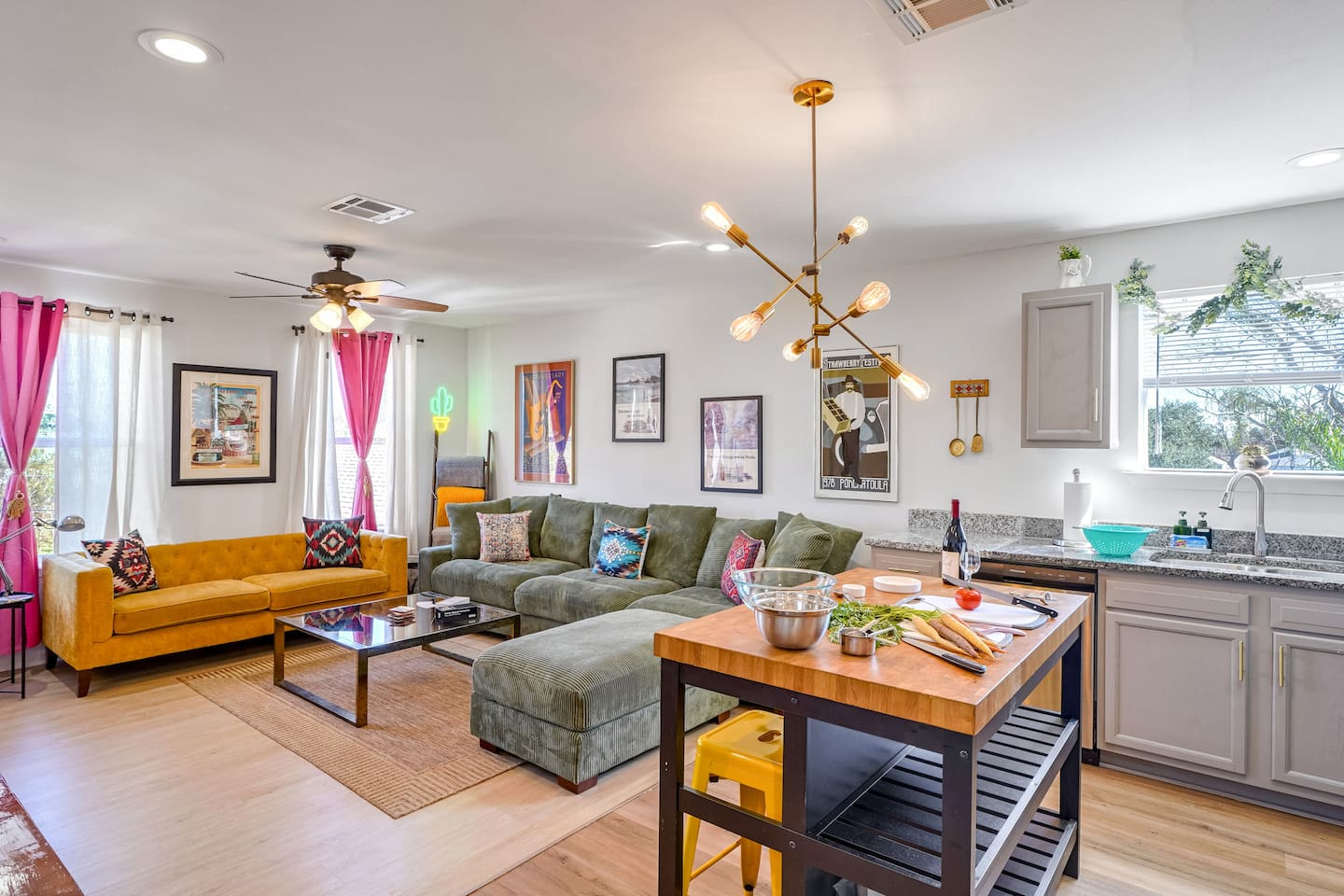 Pile on the Big Green Corduroy Sectional and laugh about your adventures in the best city on earth.  + A chef’s kitchen fully stocked for your culinary creations! Need something special? Just let us know!