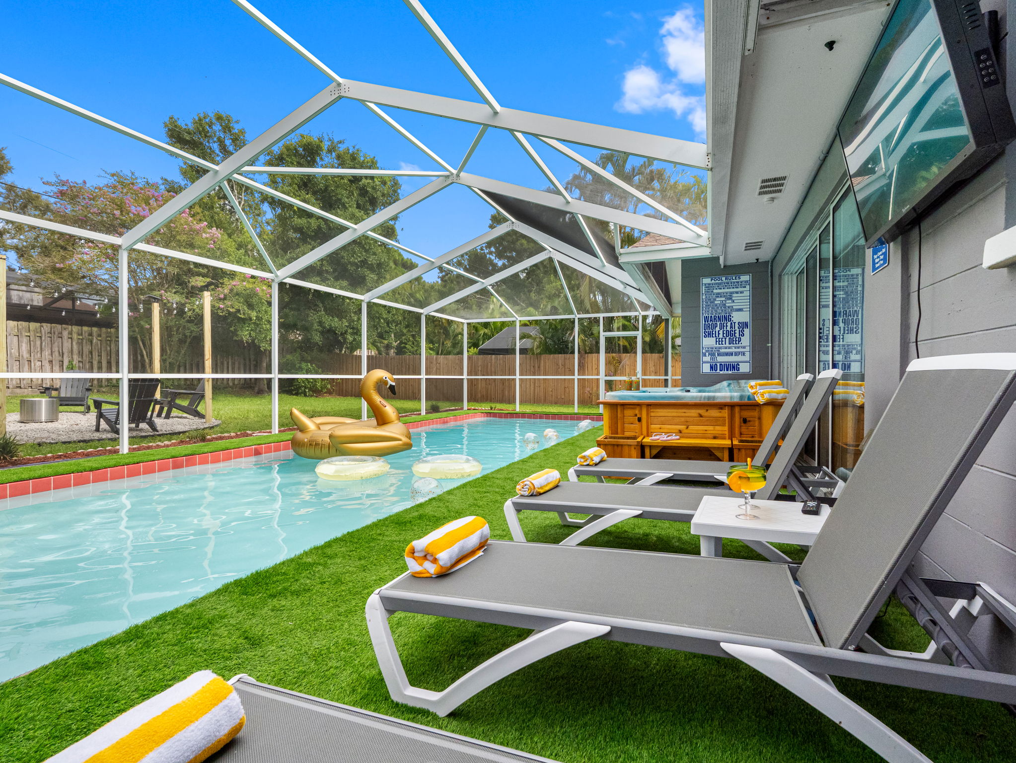 Dip into the refreshing pool, catch some rays on a sun lounger, or unwind in the bubbling hot tub—all in a private, tropical setting.