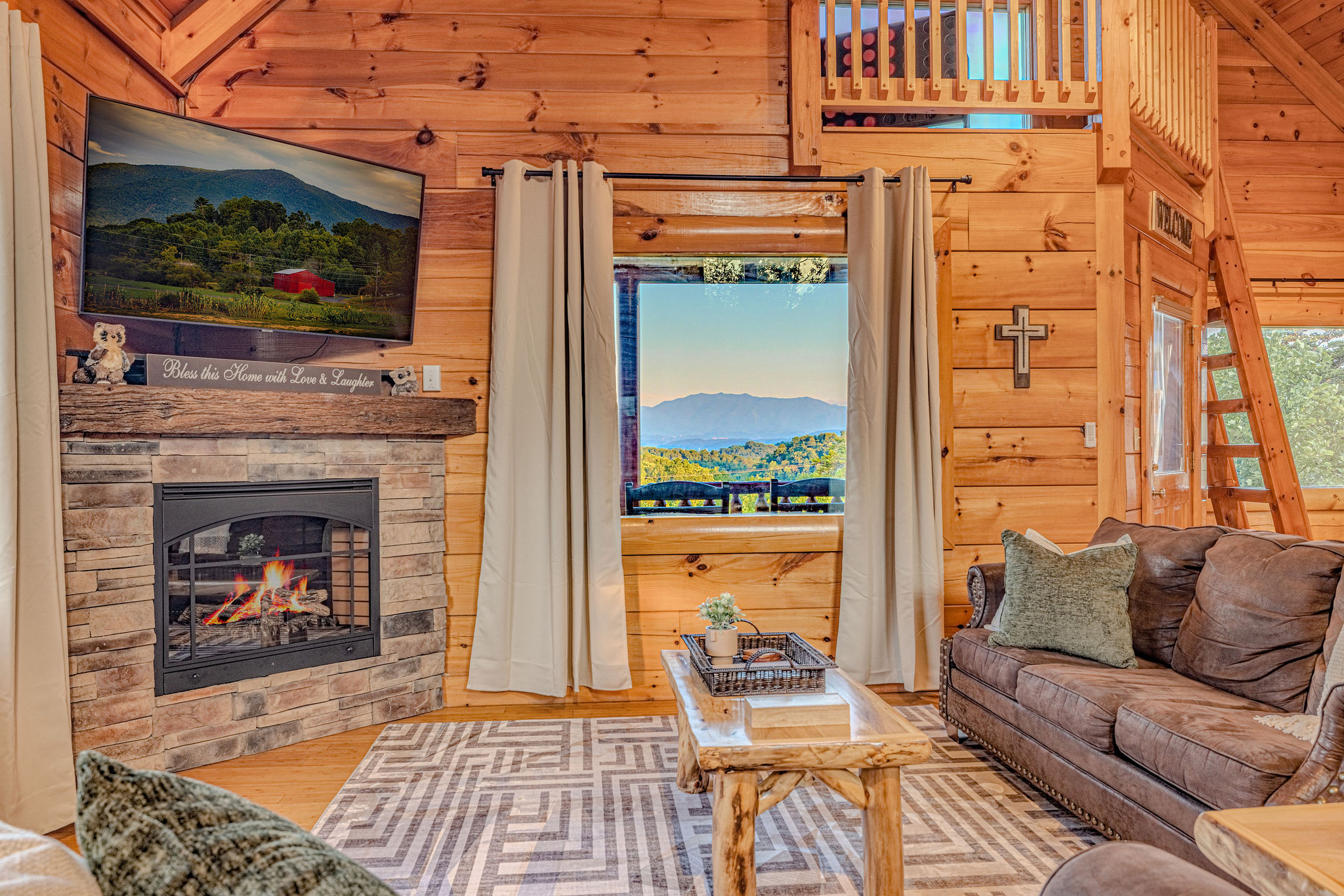 Decisions, decisions - firelight glow, screen time, or mountain magic through the window?