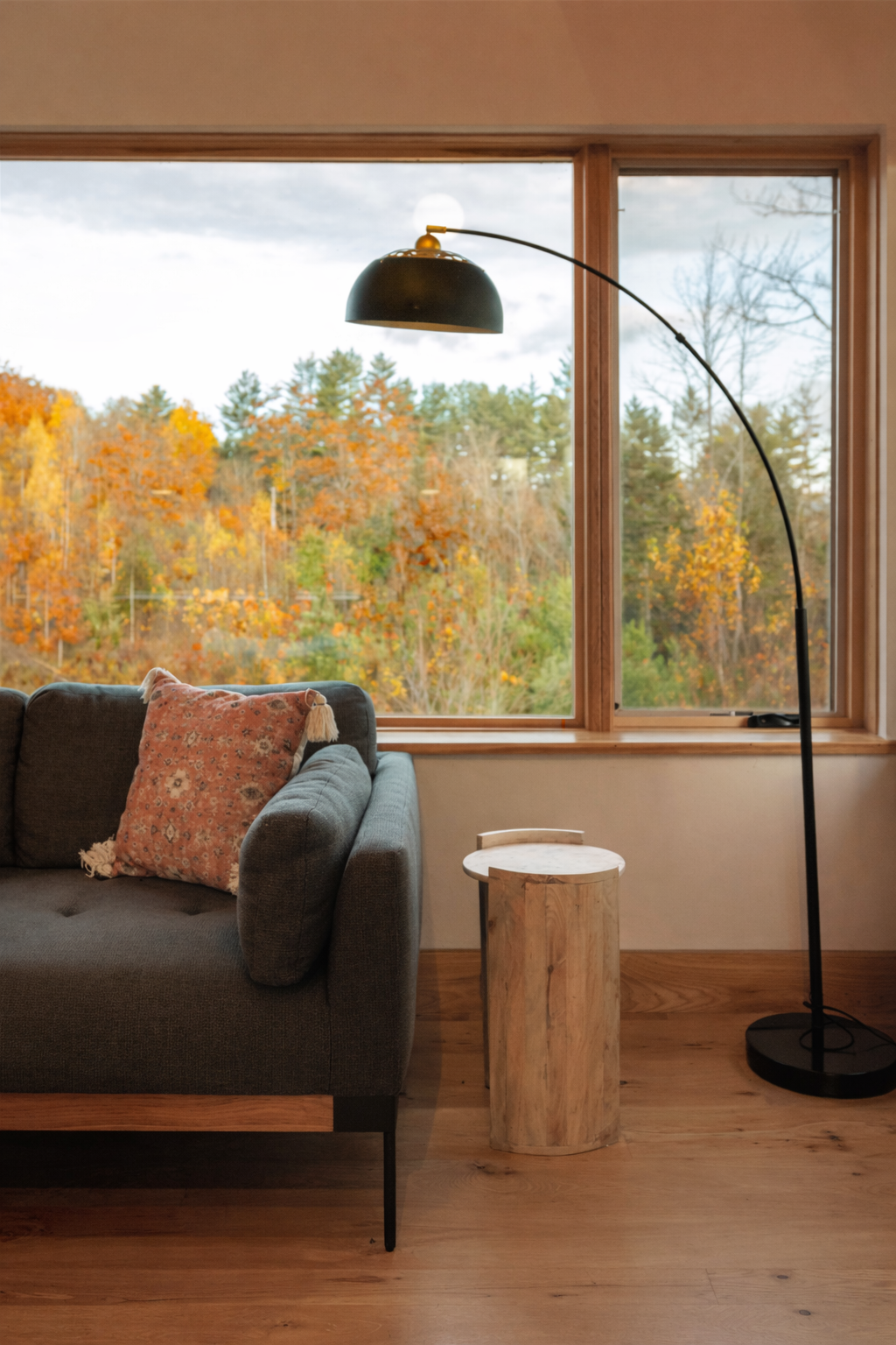 Cozy reading nook with forest views