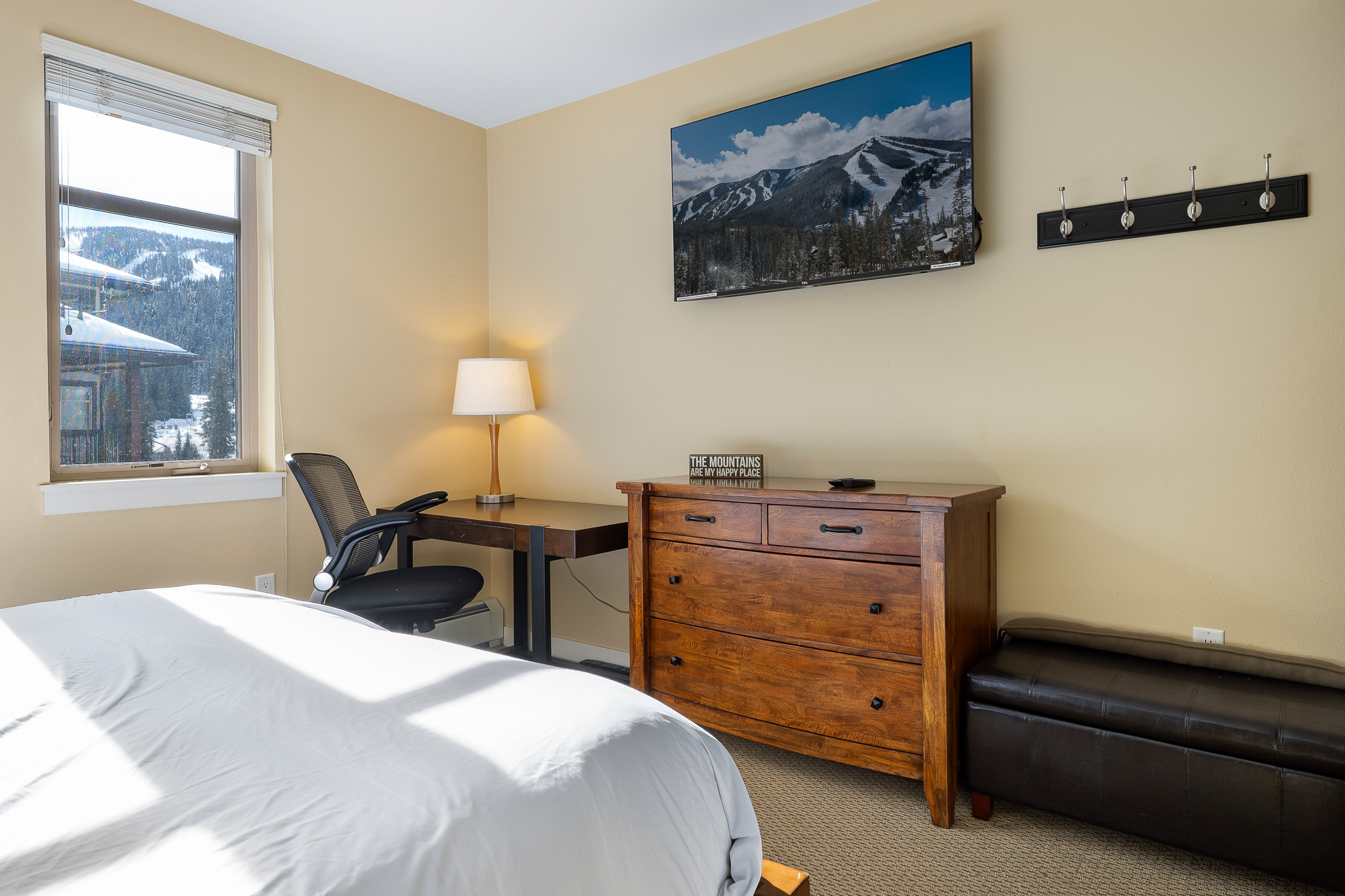 Wall mounted Roku TV, medium sized dresser and comfortable chair/desk with powerstrip on floor if you need to work on a laptop. Coat hooks near door for hanging stuff.
