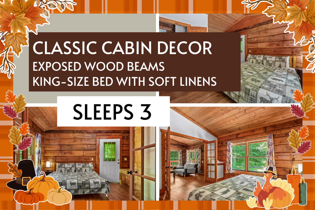 Classic cabin feel, exposed beams, and sleep-perfect bedding.