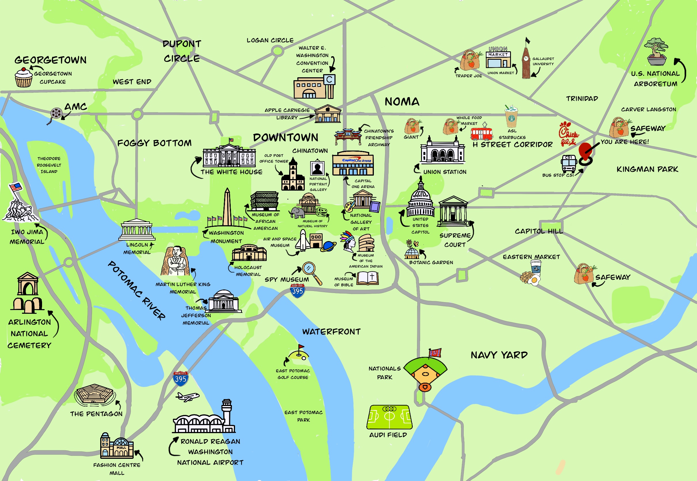 It’s a 5-minute drive from 1427 F St NE to 1133 and 1307 W VA AVE NE.