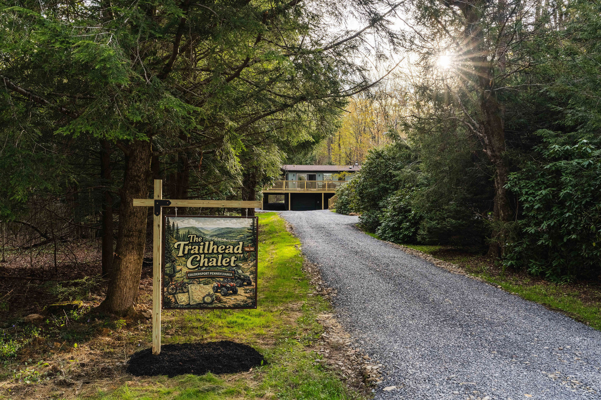 🪧 The Trailhead Chalet sign marks your turn off the historic Route 6 scenic byway.