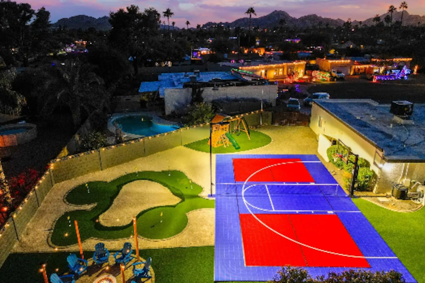 Putting green on one side, sport court on the other — bring your clubs or your basketball, either way you're covered.