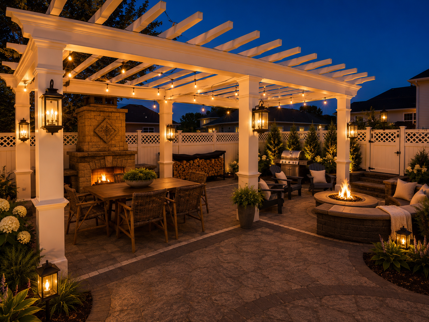 Gather under the pergola and enjoy one of the home's favorite outdoor spaces. Featuring a gas fire pit, outdoor dining area, grilling station, and ambient lighting, it's the perfect setting for relaxing evenings, conversation, and making memories.