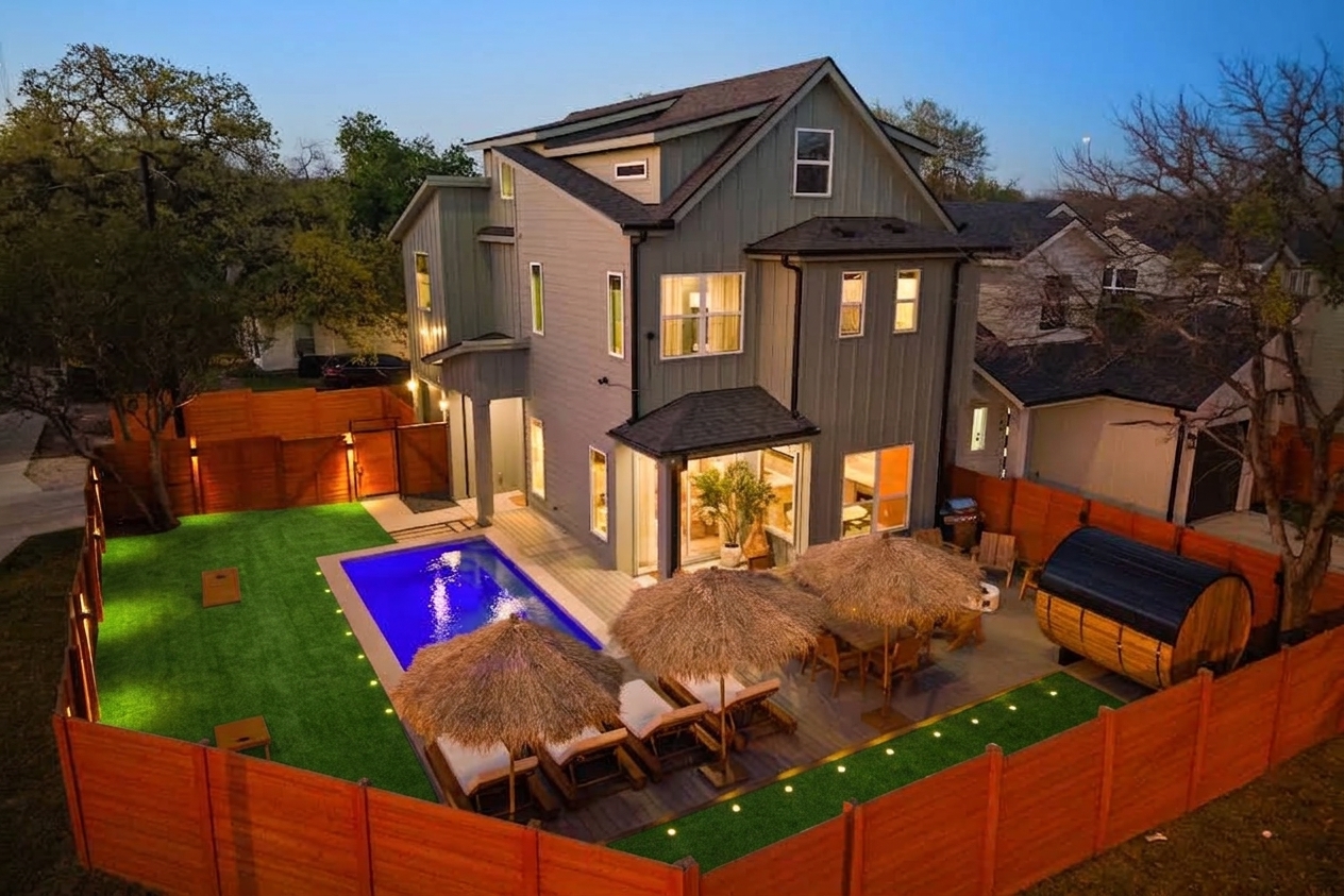 Your private backyard retreat featuring a resort-style pool, lounge areas, and outdoor fun.
