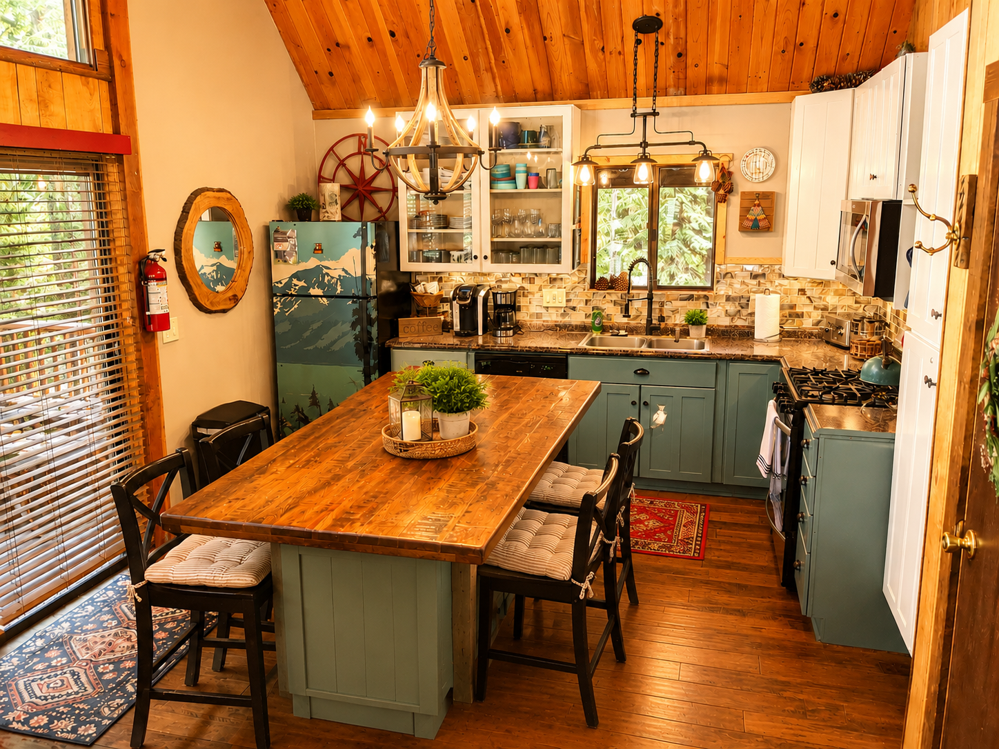 Our full kitchen is equipped with everything you should need for dinners in the cabin.  We have stove & oven, microwave, dishwasher, refrigerator, Keurig & drip coffee machines and fully stocked cooking and serving ware. Need something specific? Just ask!