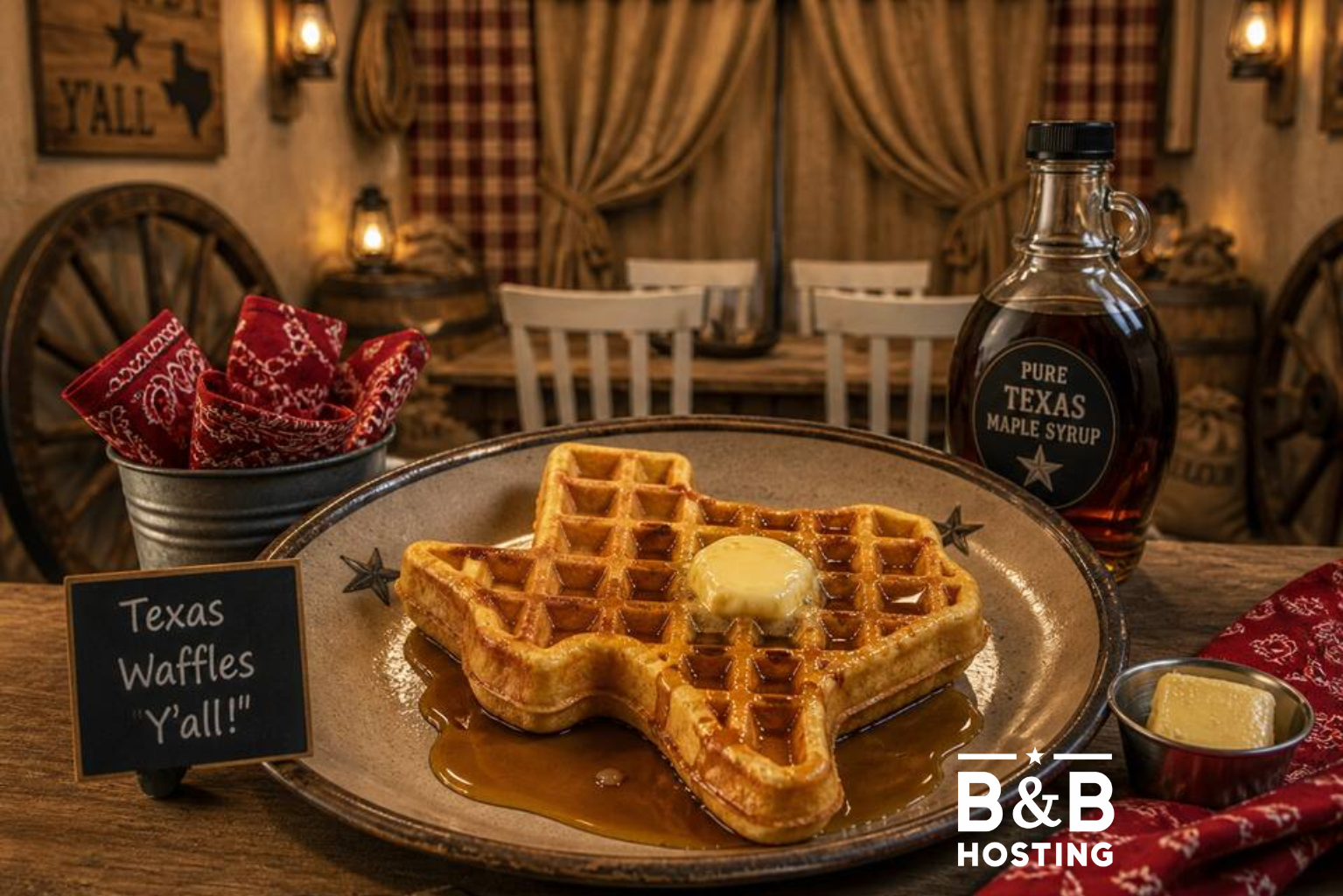 Each stay includes a Big Country breakfast package with a Texas shaped waffle maker and enough batter, butter and the best syrup to fill the bellies of yer whole outfit. 