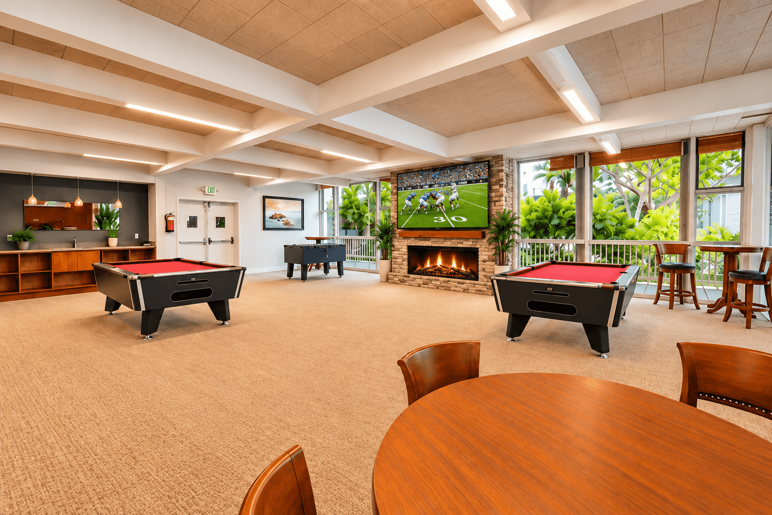 Game room with 2 pool tables and a huge fireplace with a Smart TV
