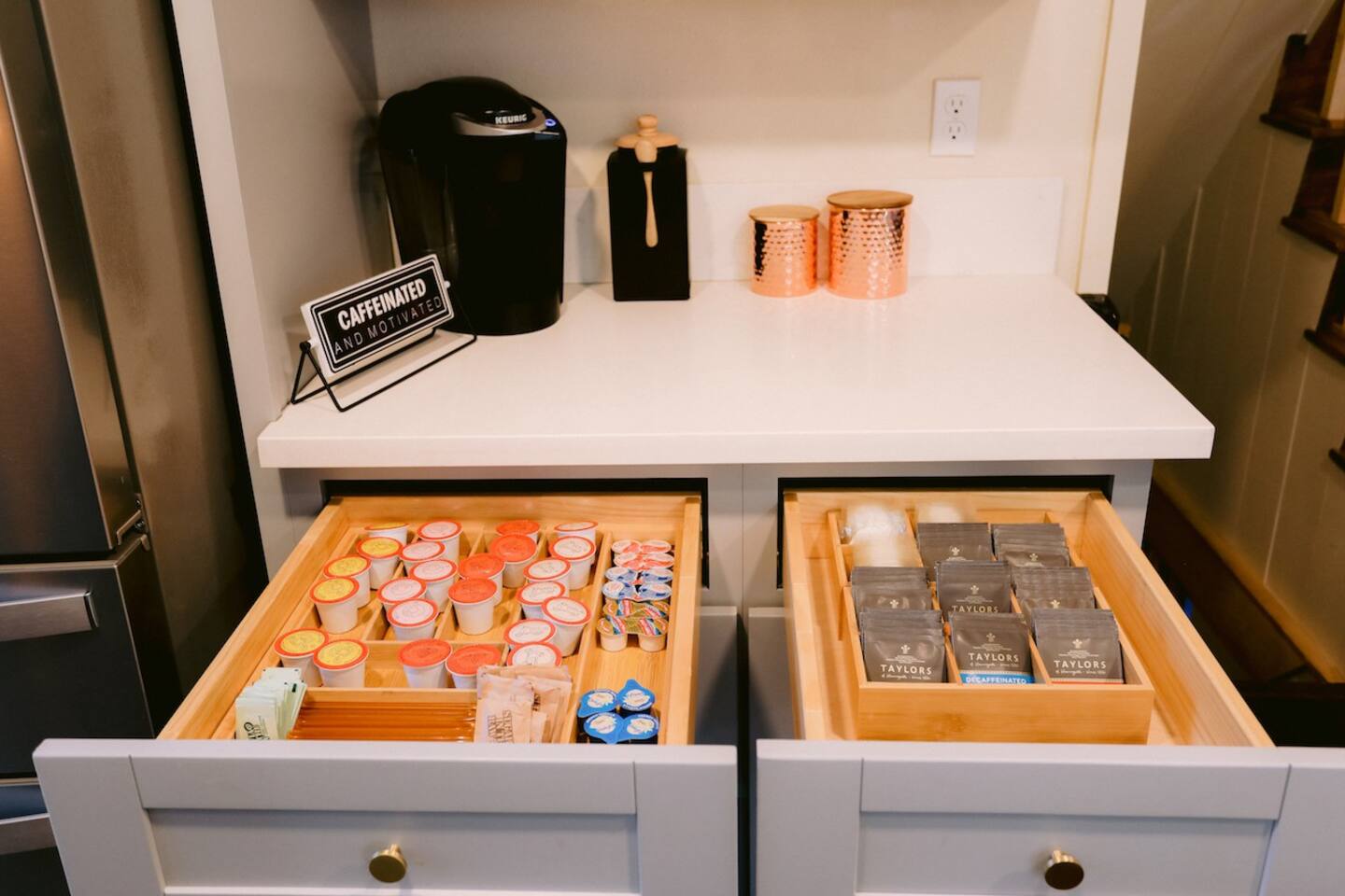 12-cup drip coffee maker and a Keurig We stock assorted teas and coffees. There is also a tea pot for brewing tea for a crowd. 