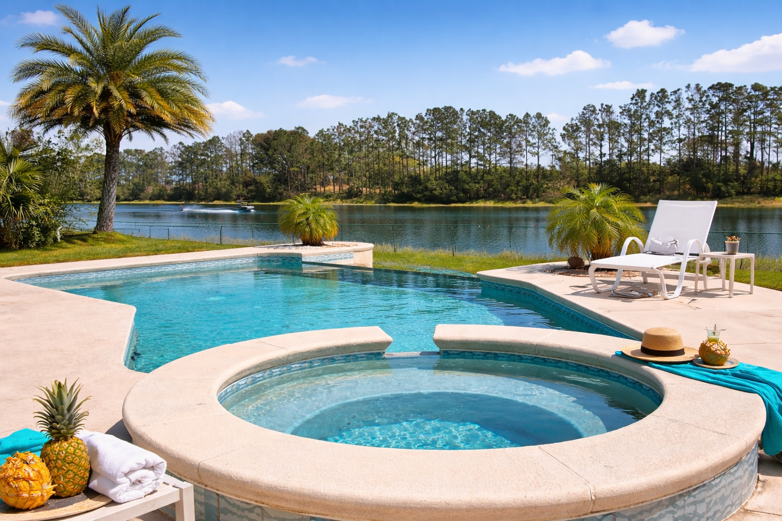 Spa, infinity edge pool and waterskier
