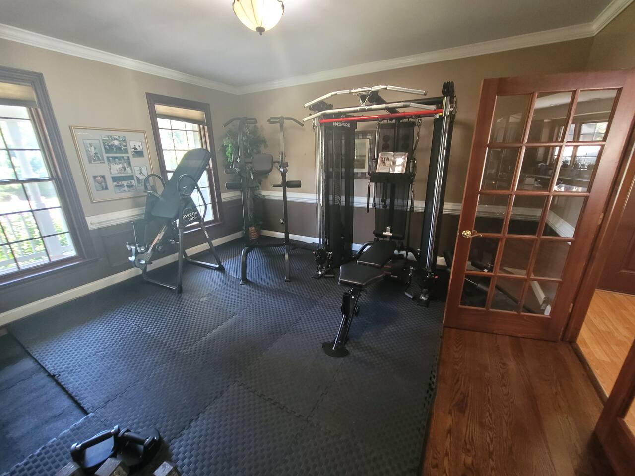 Exercise Room with Inspire F2 functional trainer, pull up bar, dip bar, equipment to hang upside down from feet to stretch back