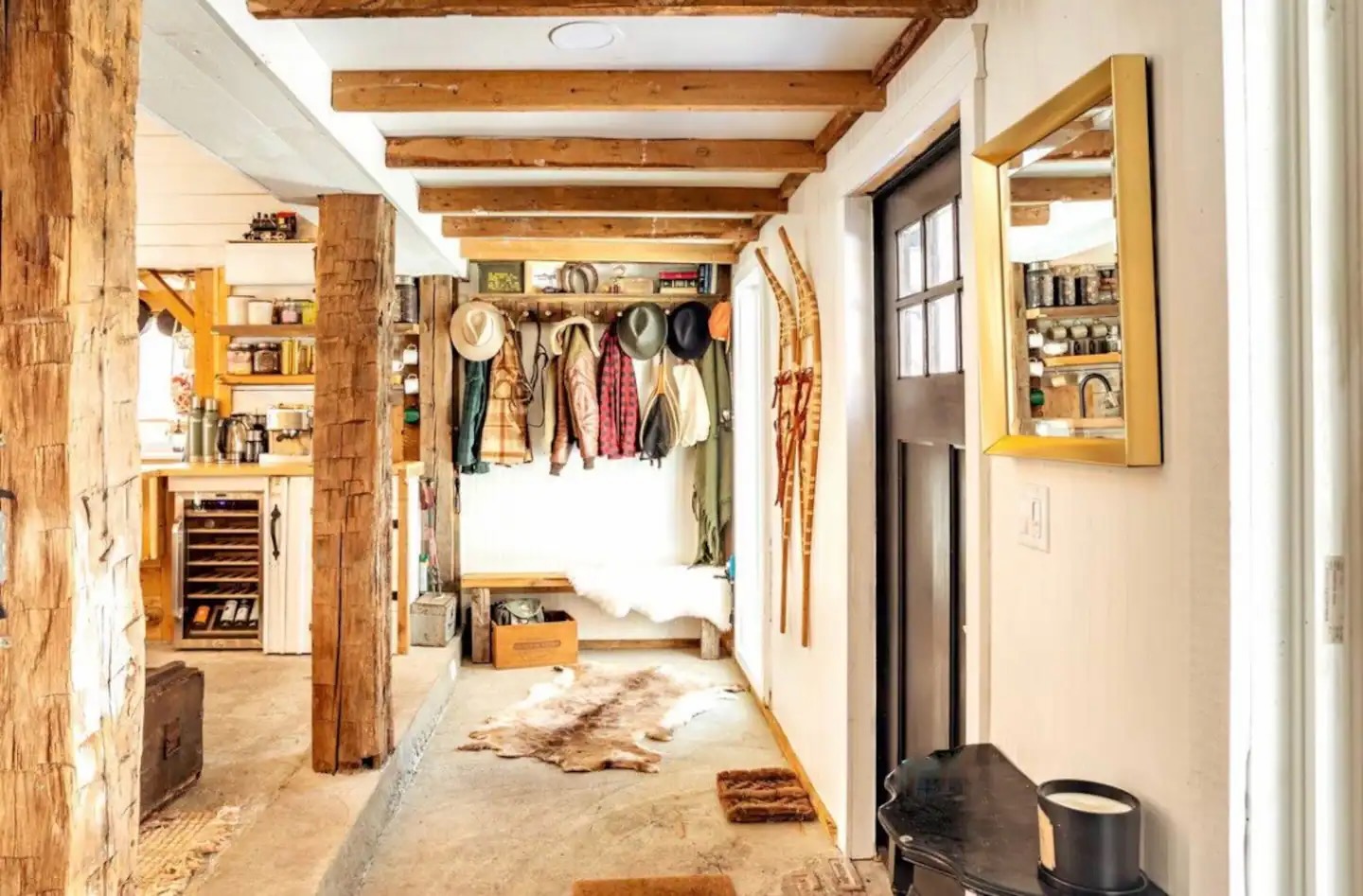 Vintage, rustic decorative touches everywhere you look!  Feel free to use the hiking supplies under the coat rack - hiking poles, traction cleats, and flashlights.  Please return after use.