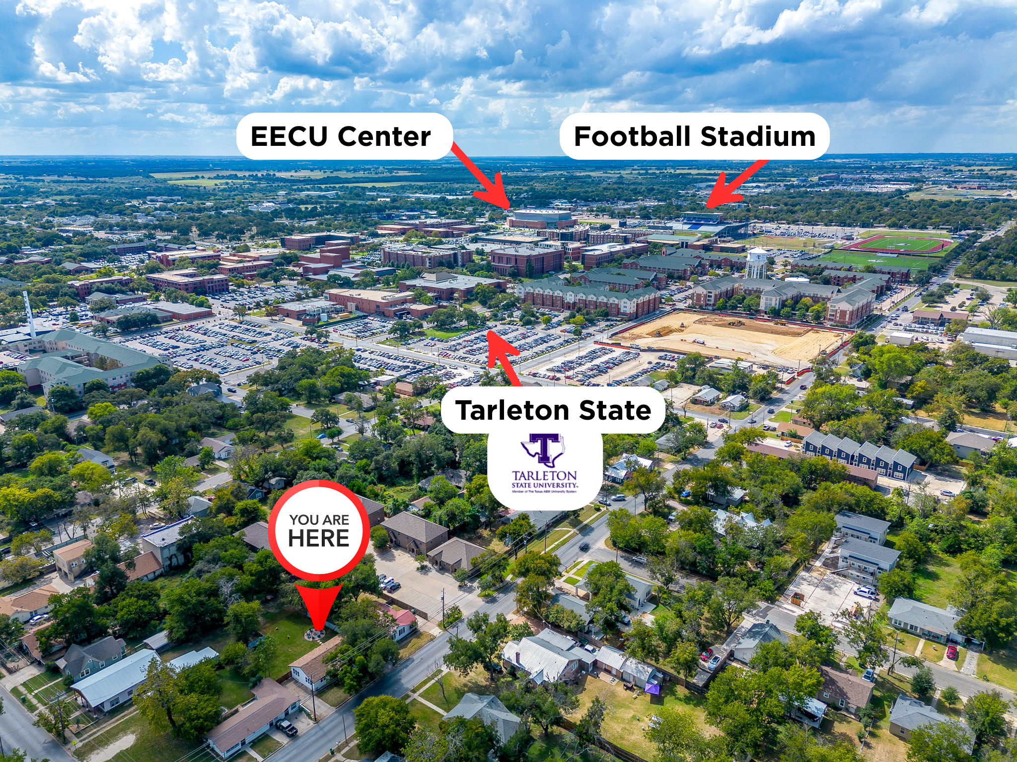 Walk to Tarleton State University, just steps from EECU Center and football stadium