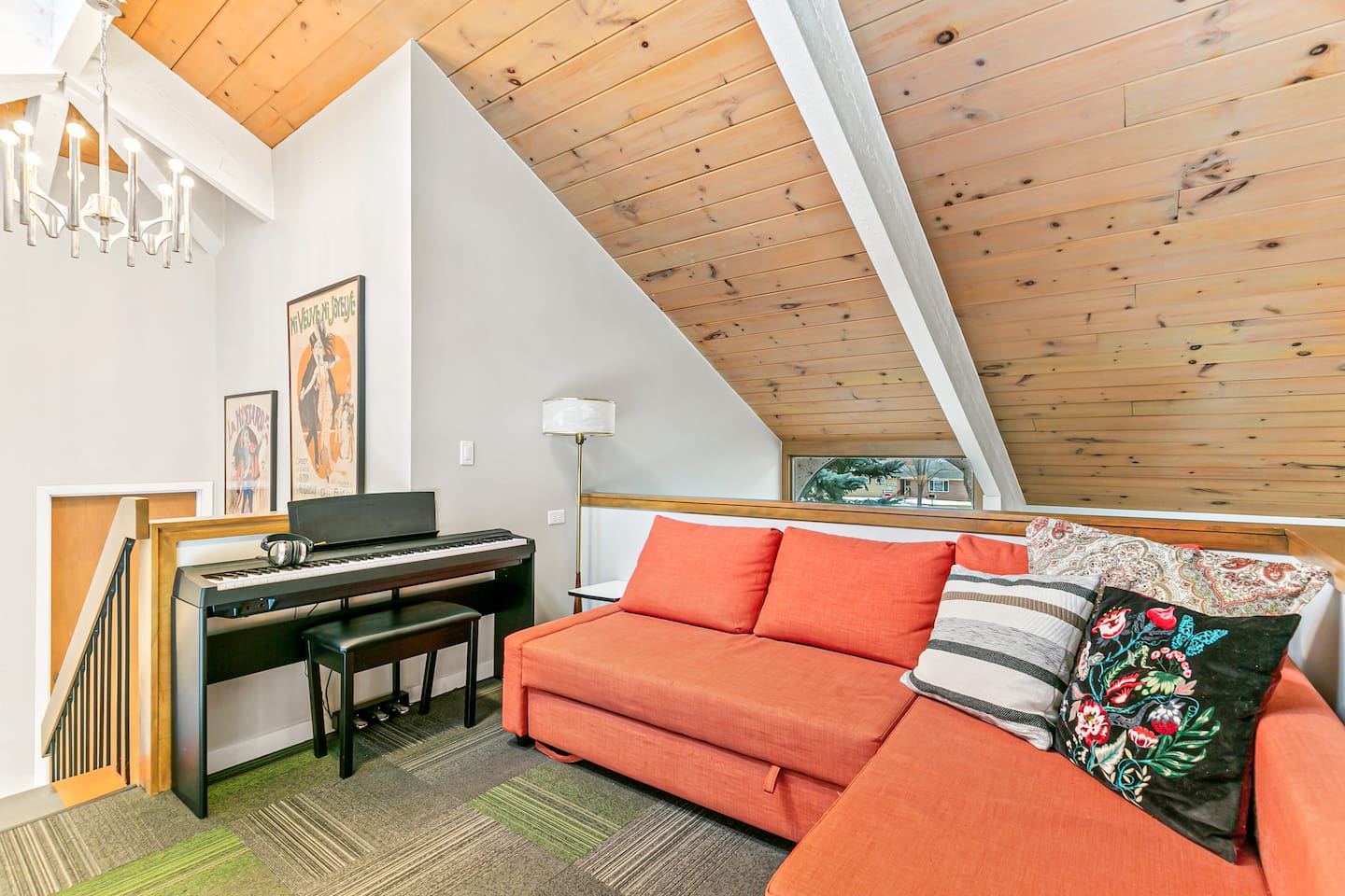 Welcome to the Bird’s Nest, a cozy retreat with an electric piano, a convertible Ikea couch, and a bird’s eye view of the ground floor. Connected to the master bedroom for your convenience.