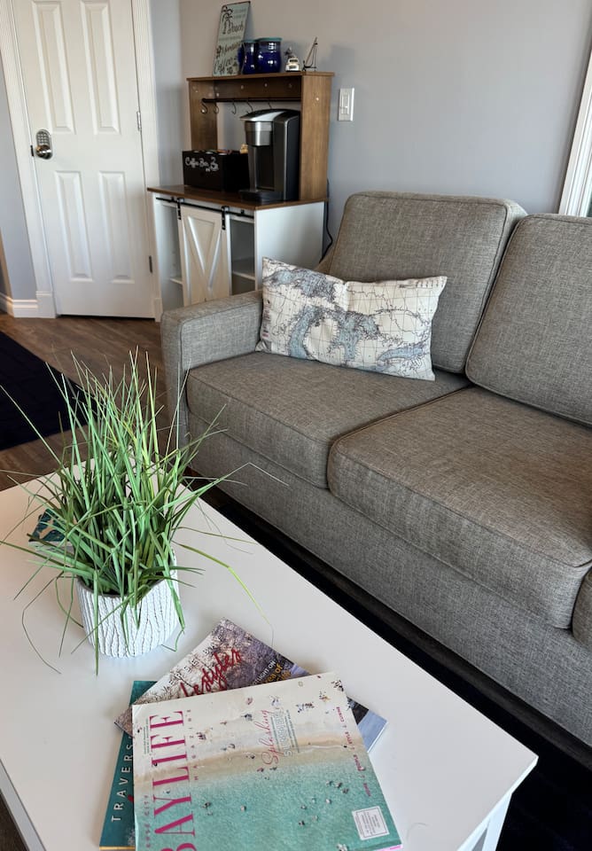 Comfortable couch that pulls out to a sleeper sofa. Wake up to beautiful views of the bay ☀️ 