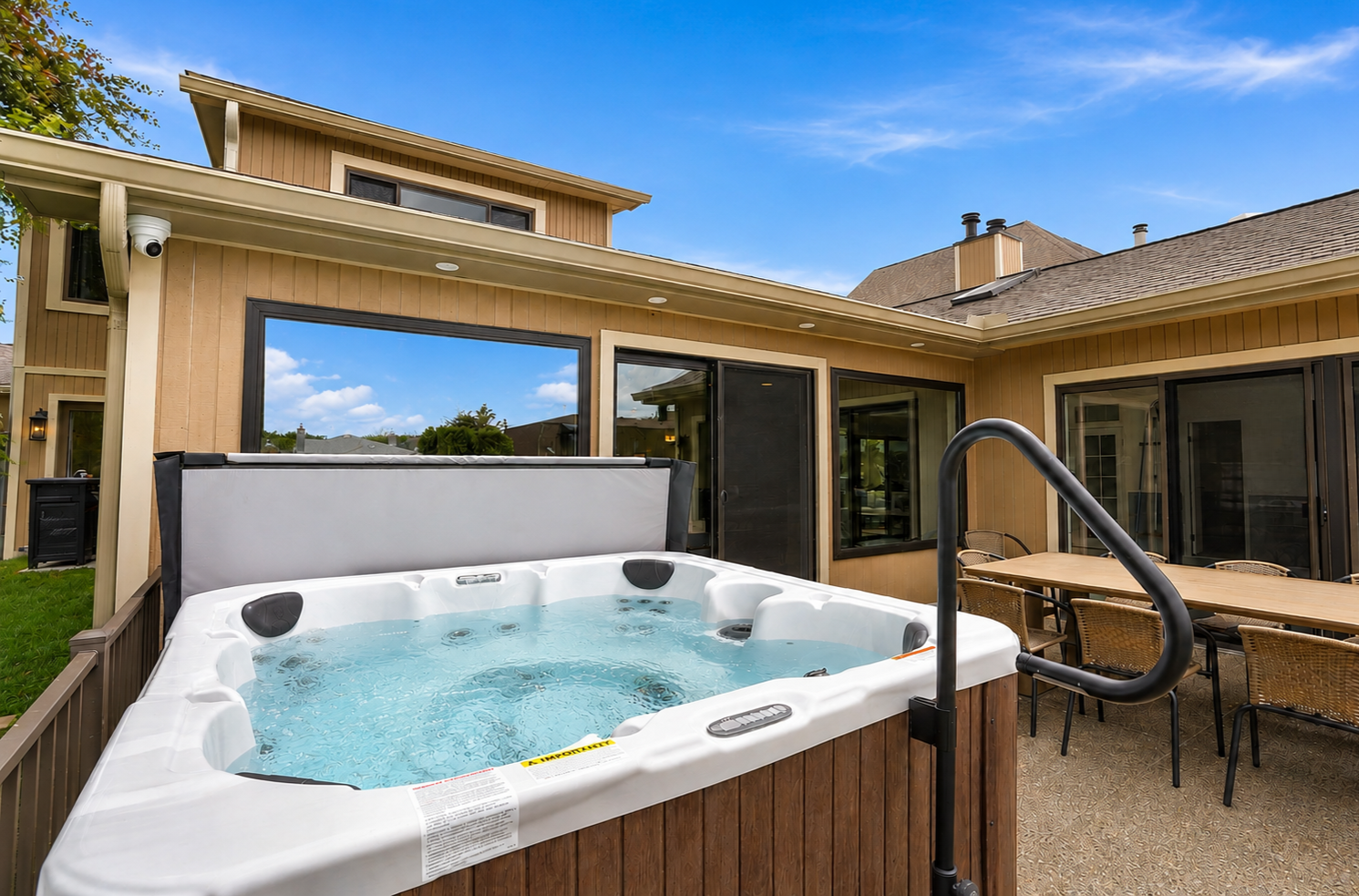 Private outdoor hot tub patio with seating and indoor-outdoor access. Relaxing, resort-style space perfect for unwinding and enjoying a peaceful stay.