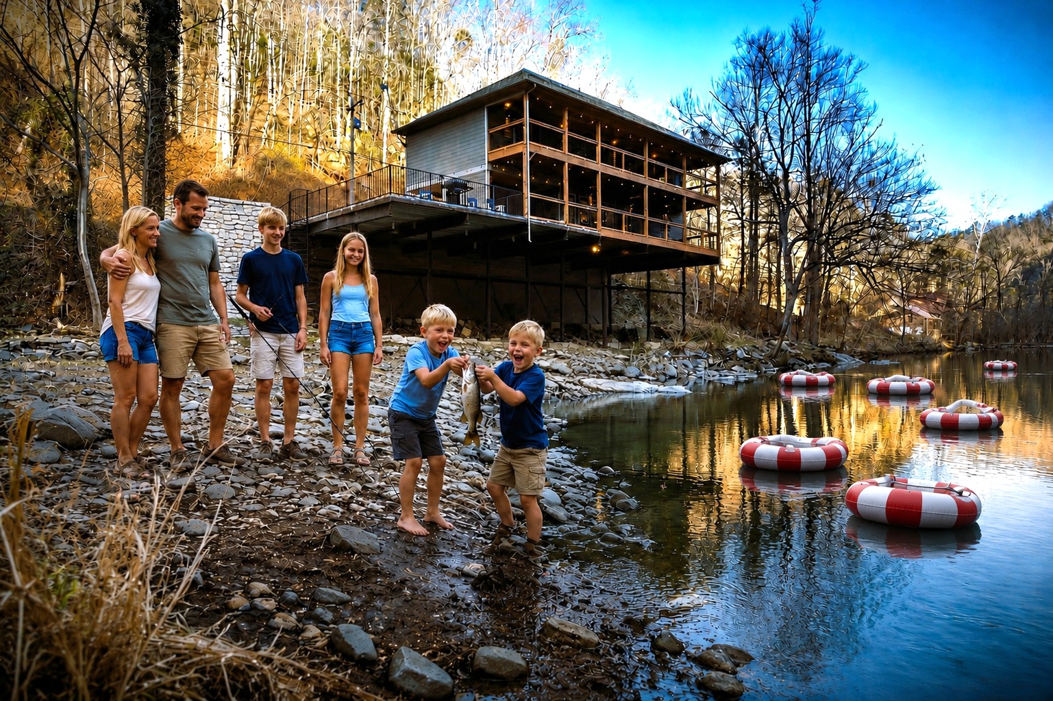 Let's stay at THE ONLY Upscale WATERFRONT property perched right ABOVE the famous Little Pigeon River in Gatlinburg, TN - where the sound of the river stream is your daily soundtrack. TUBES/FLOATS ARE NOT PROVIDED.