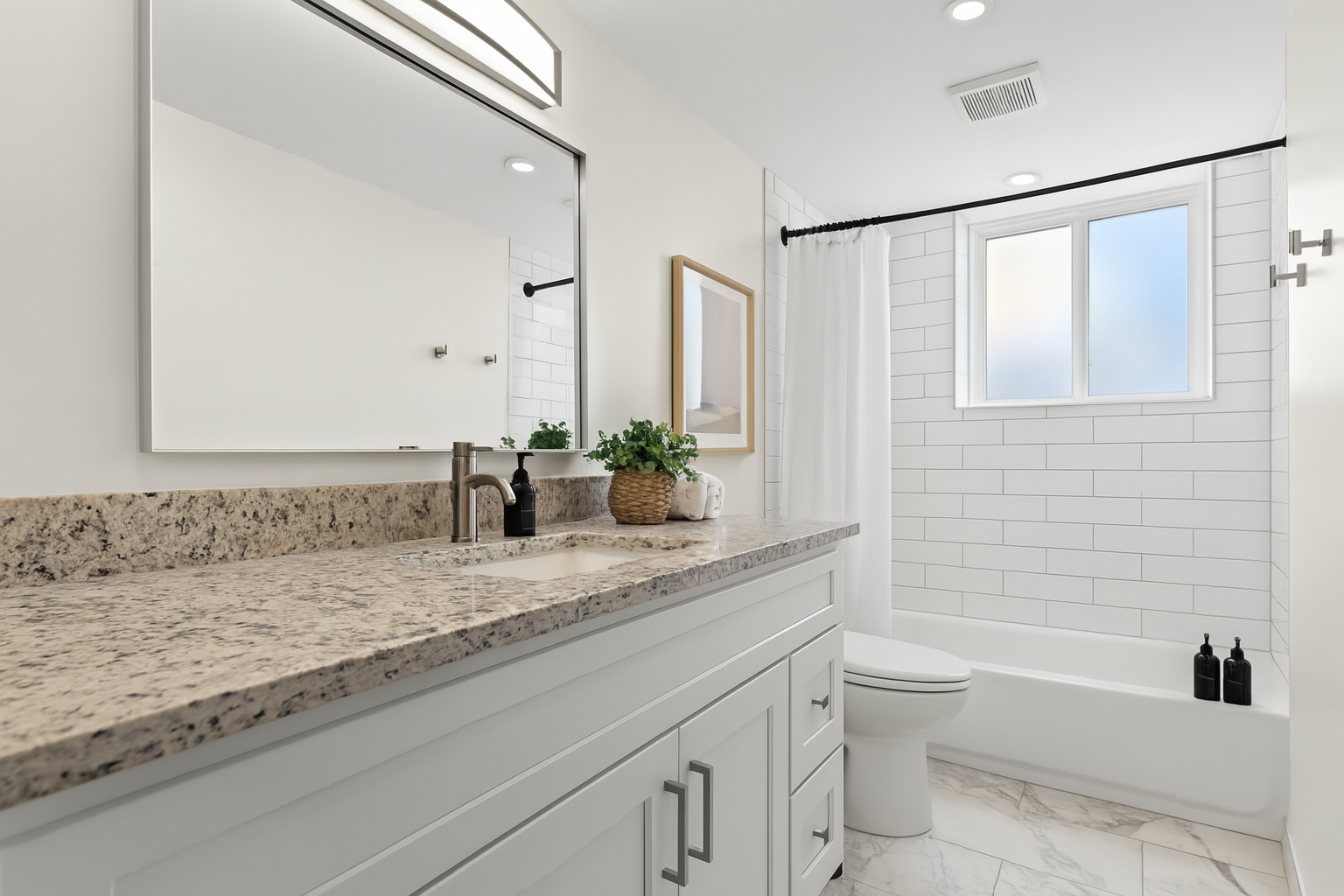 Bright bathroom with natural light, modern fixtures, and essentials for your daily routine.