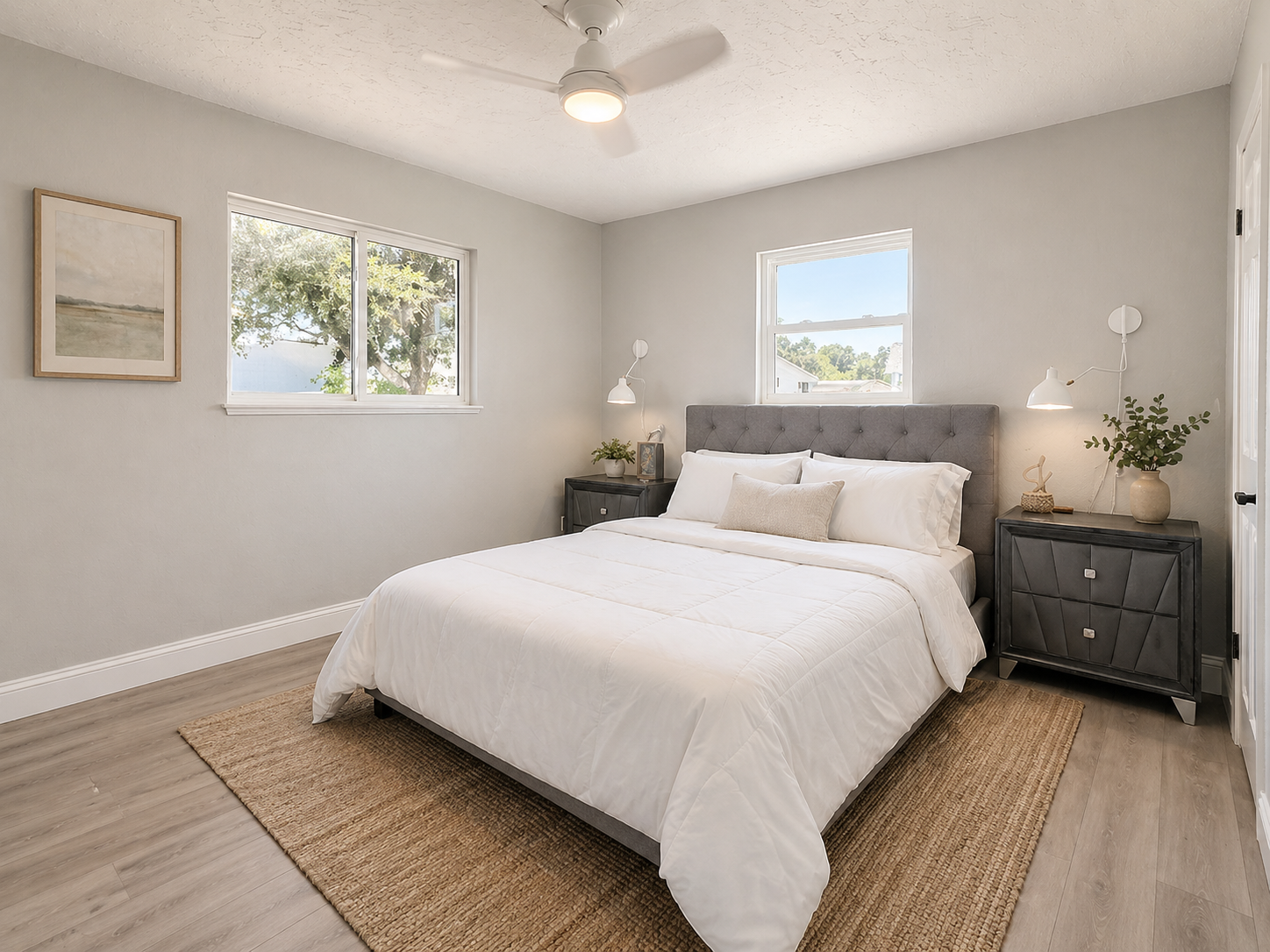 Spacious guest bedroom with comfortable furnishings, ample closet space, and cozy atmosphere for family members or visitors