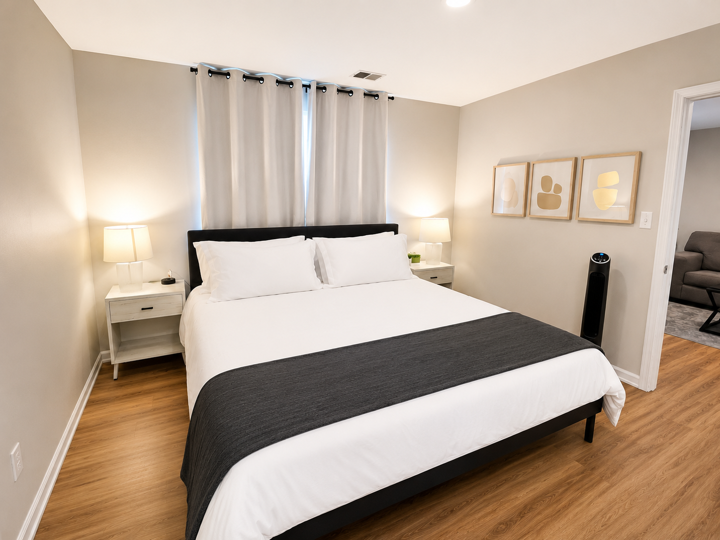 Experience the luxurious comfort of our king-size bed adorned with opulent linens and plush pillows.