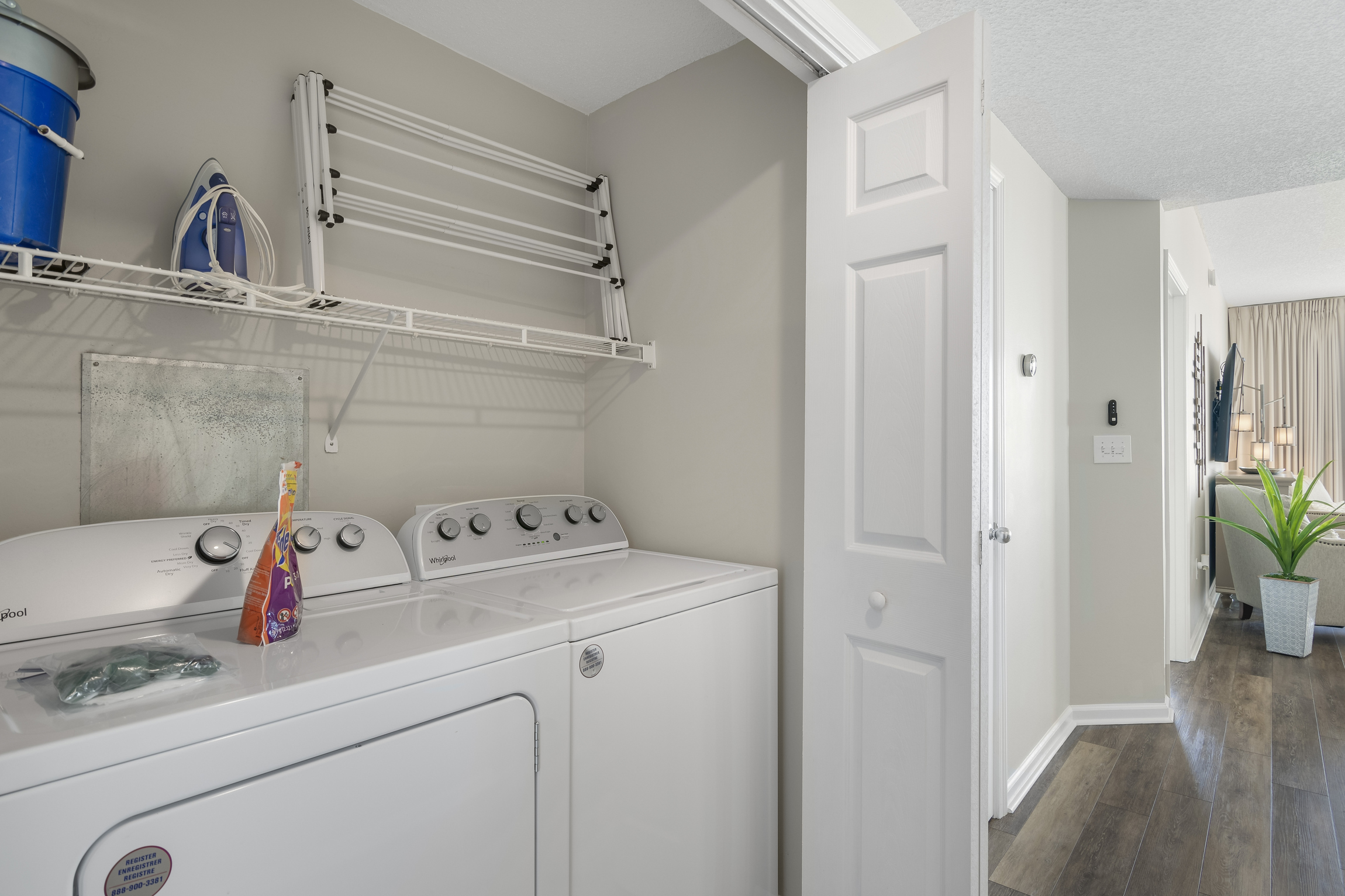 Full-size washer and dryer with plenty of laundry supplies for your stay.