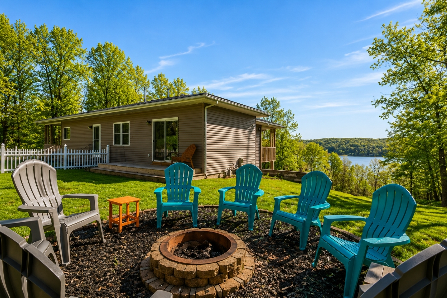 Relax lakeside in this cozy outdoor space, featuring a warm fire pit and colorful Adirondack chairs, all set against the stunning backdrop.