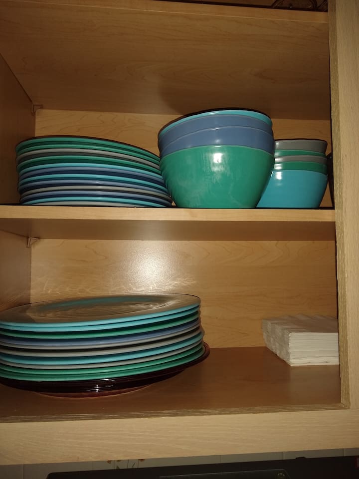 Outside non-breakable dishes.