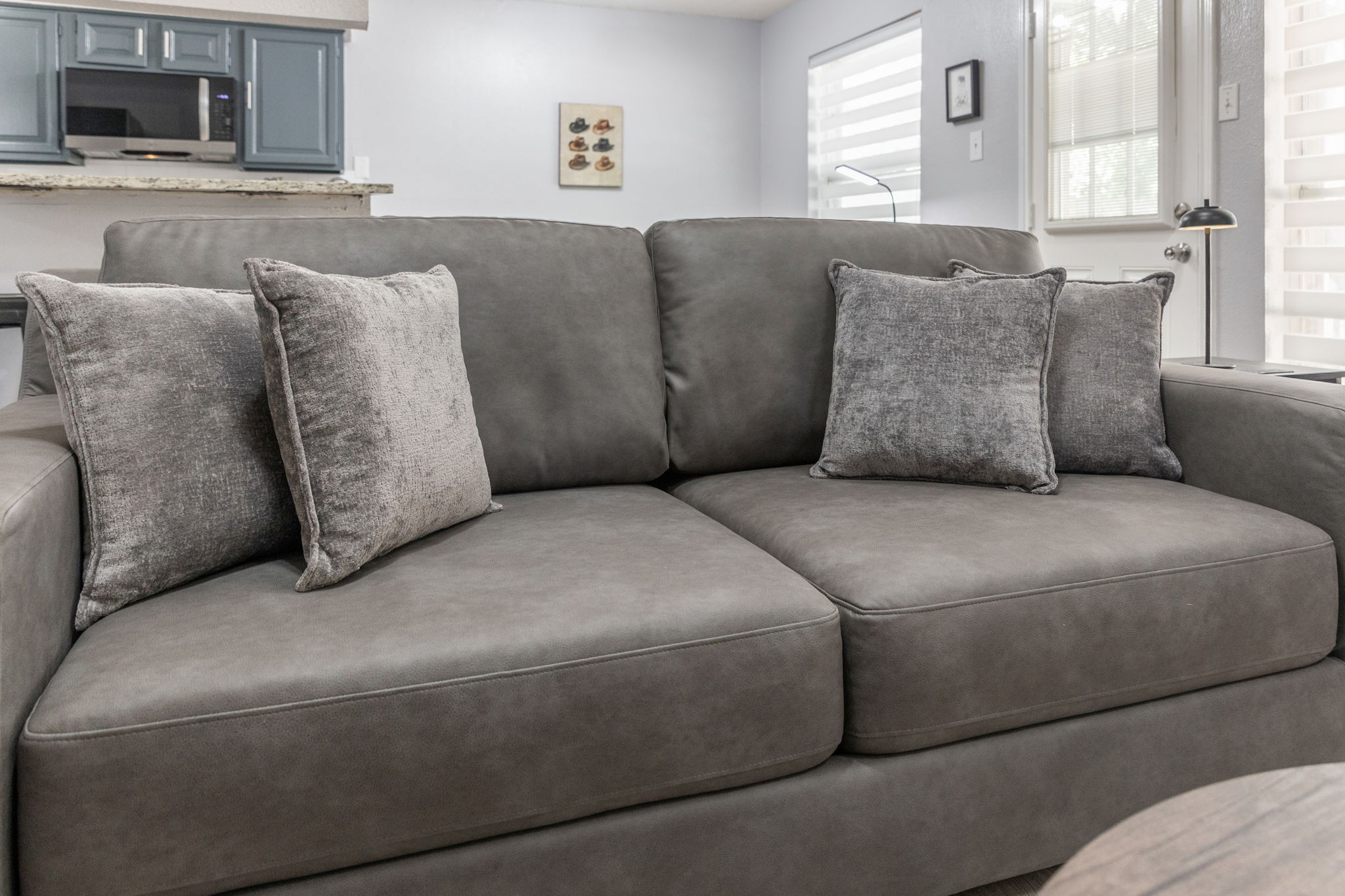 Queen-sized leather sofa sleeper in the living room