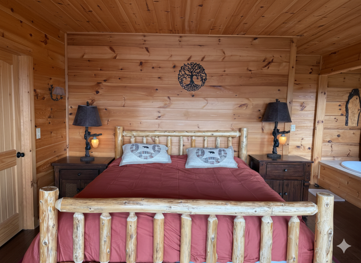 Rustic Bedroom Retreat: Unwind in a wooden haven, featuring unique decor and serene ambiance!

