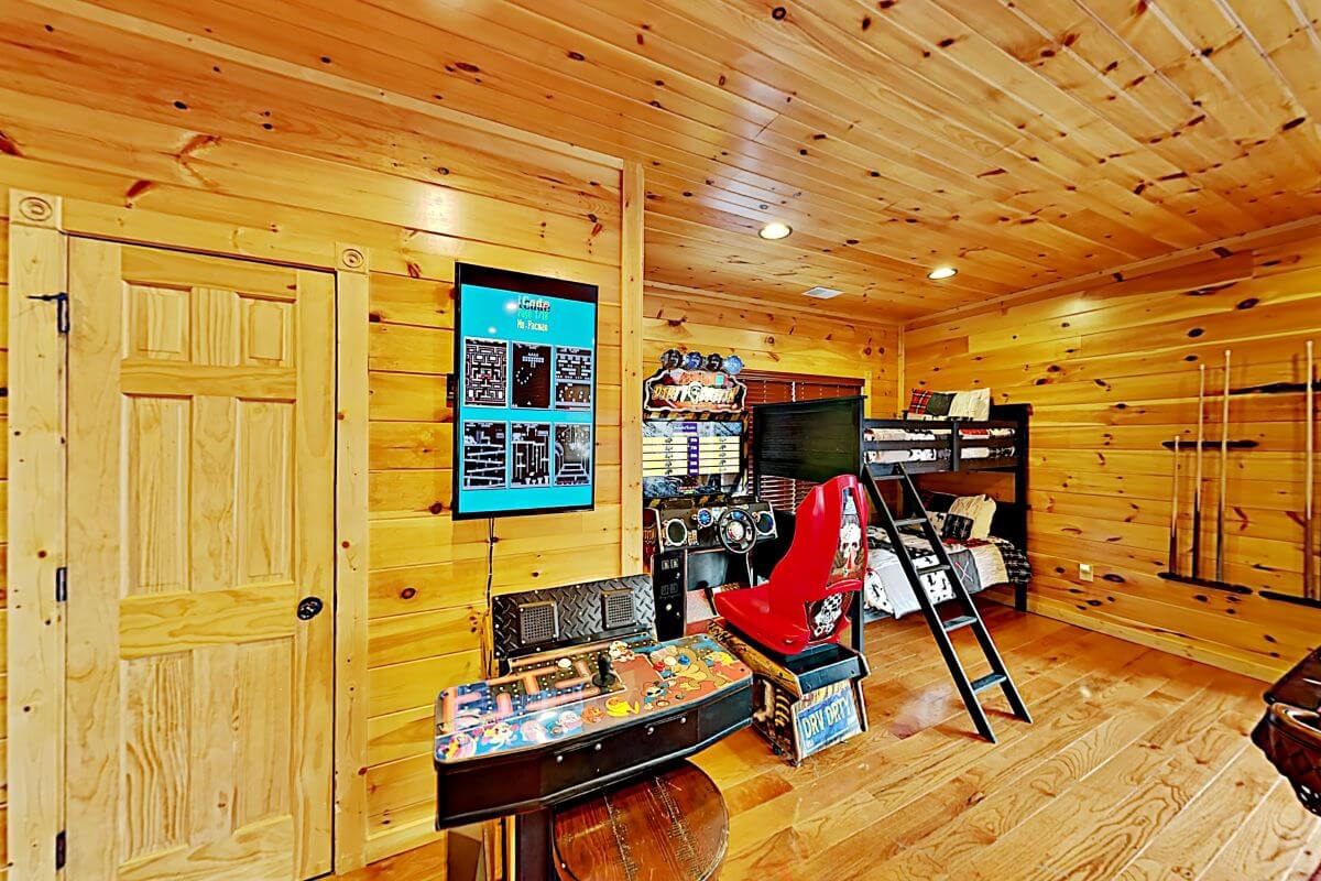 The basement is the perfect place for the kids to sleep and play.